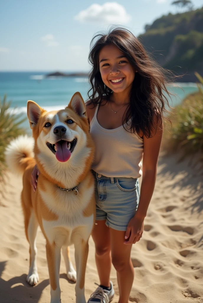 Highest quality nh, the sharpest and clearest, Photo of a 24-year-old girl, full-body photo in a bikini,  has black-brown hair, round face, smile, white teeth, round eyes, high nose, Caucasian Pink, Cinematic beauty, fiery body, hugging a puppy, large round round with open, Bring a healthy future beauty --auto