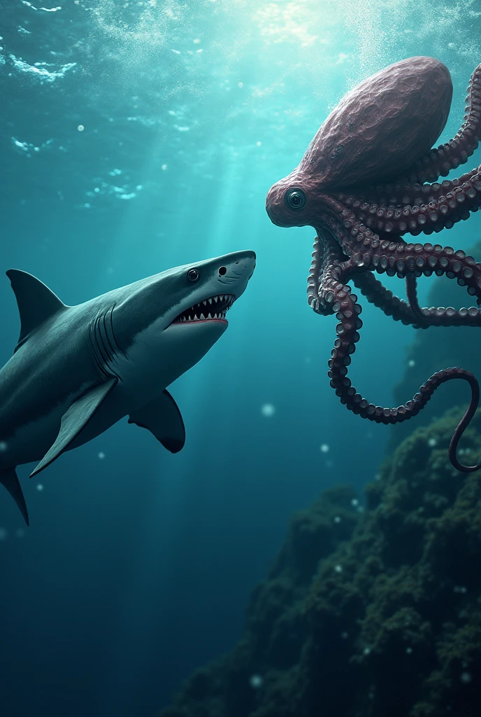 In the deep waters of the sea there is a great white shark coming to get me with its mouth open and its teeth showing., below a huge, hairy spider and next to the spider a giant, murderous snake, all three staring at me.