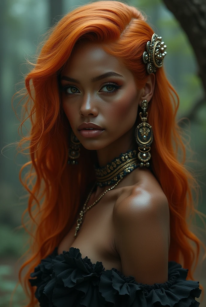 1 gorgeous dark tanned Female Tarzan. 23 years old. orange wavy hair. colossal breasts, Cleavage. BREAK photorealistic. UHD, Masterpiece, sunlight, ((golden hour)) extreme portrait closeup shot. BREAK Outside in a deep dense jungle.