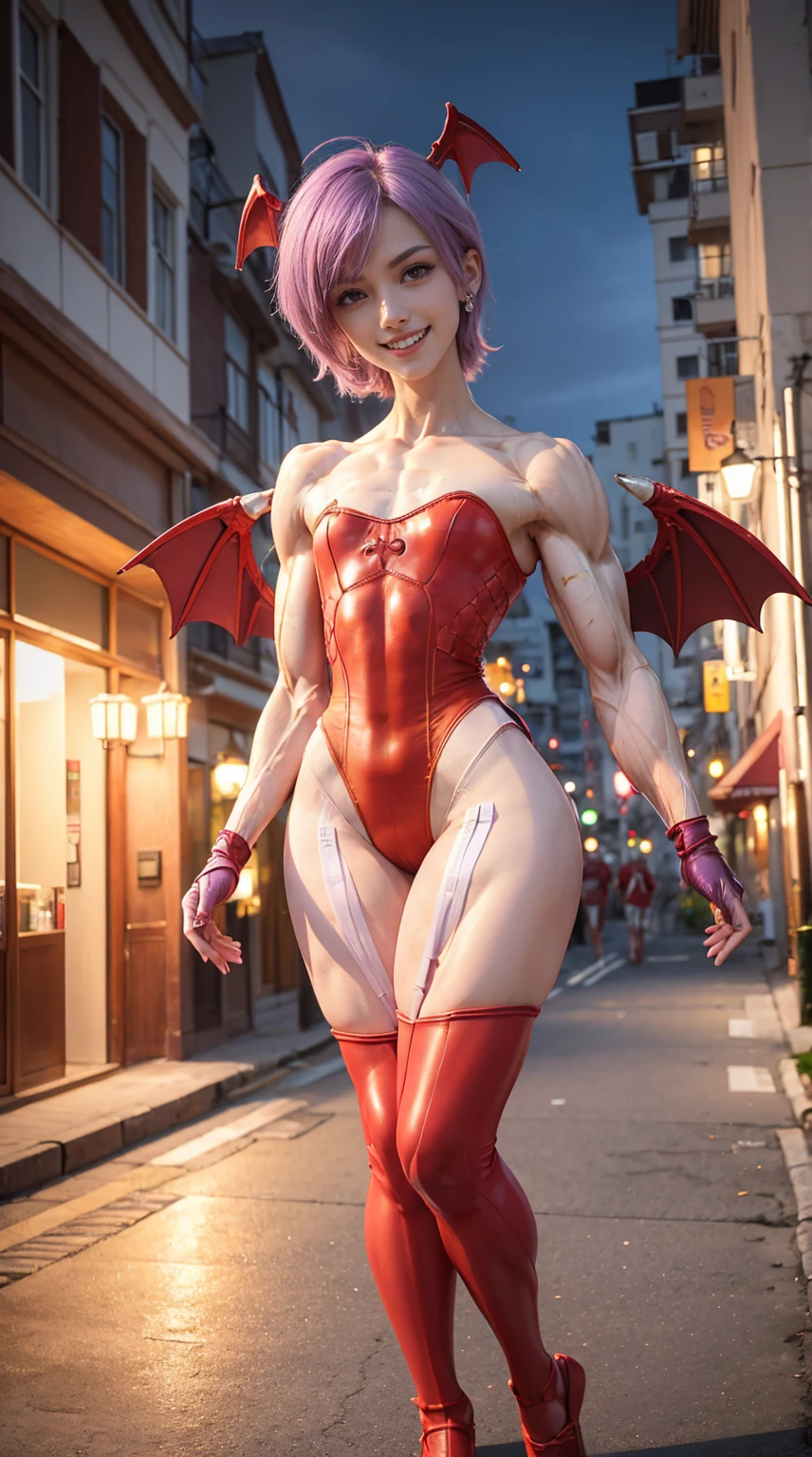 (Muscular:2.3), (thick thighs:2.4), 
(lilith aensland darkstalkers, adult:1.5), pink hair, smiling, demon, head wings, 
eyeshadow, earrings, red lips,
detailed eyes, (big smile:1.7), detailed skin,
flat chest, hard nipples,
(wings, (leotard:1.8), purple pantyhose, (long purple gloves):1.4),
(upper body view, cropped knees), (looking at viewer), (three quarter view:1.3),
(highrise apartement at night:1.2), rim lighting, two tone lighting, dimly lit, bokeh