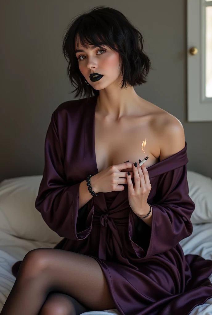 Hot russian brunette girl wearing a black kimono, Lying on the floor, Spread your legs school skirt and bright image spreaded over legs twisted sit white girl fucking hot ass and breast