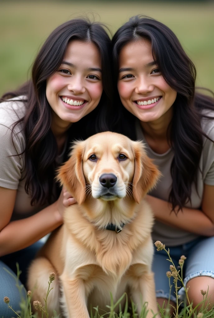 Draw a picture of a girl playing happily with three furry dogs. The background must be sunny. The girl must have short hair and a short-sleeved shirt.