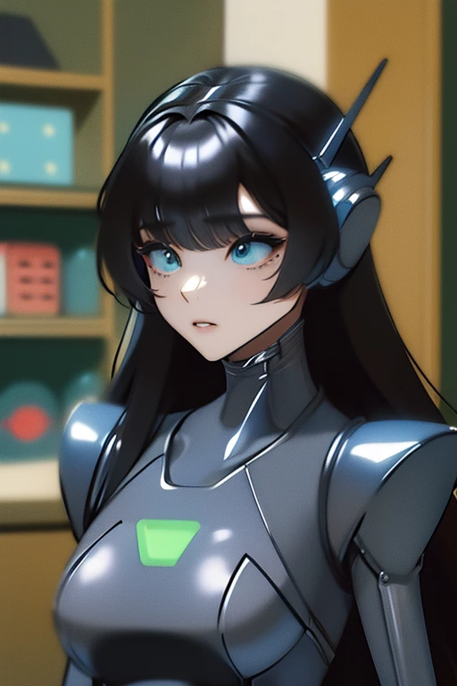 (masterpiece),(Highest quality),(Super detailed),(Best illustrations),(Best Shadow),(Absurd),(Detailed Background),(so beautiful), 16K, 8K, 4K,(Best Shadow),empty eyes,robotization,woman ,big bust,Robot Joint ,Metal skin,Black Suit,long hair,a black suit that covers the whole body,robot hand,cyber bodysuit,mecha head,cyborg eye,robotization, transforming into robot,(Detailed hands and fingers:1.2)