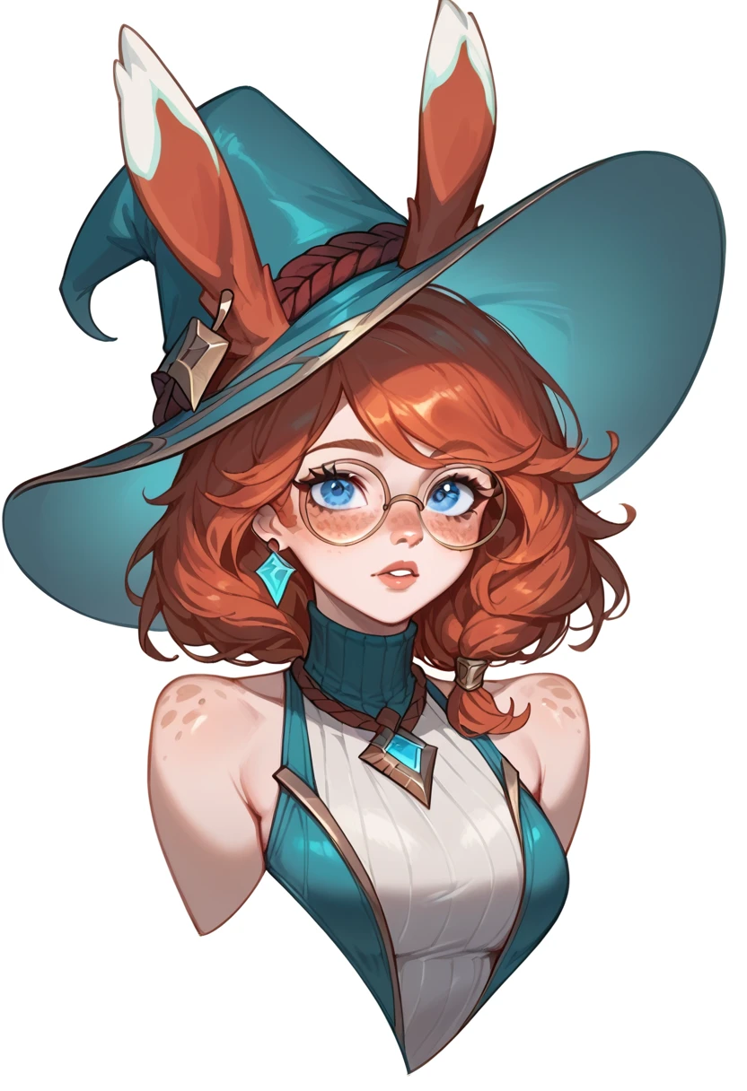 score_9, score_8_up, score_7_up, Aurora (league of legends), 1 girl, blue eyes, bunny ears, red hair, freckles, round glasses, sexy, full body, squinty eyes, swimsuit, brown belt, earrings, long eyelashes, sexy, big bust, pretty face, witch hat, on the beach