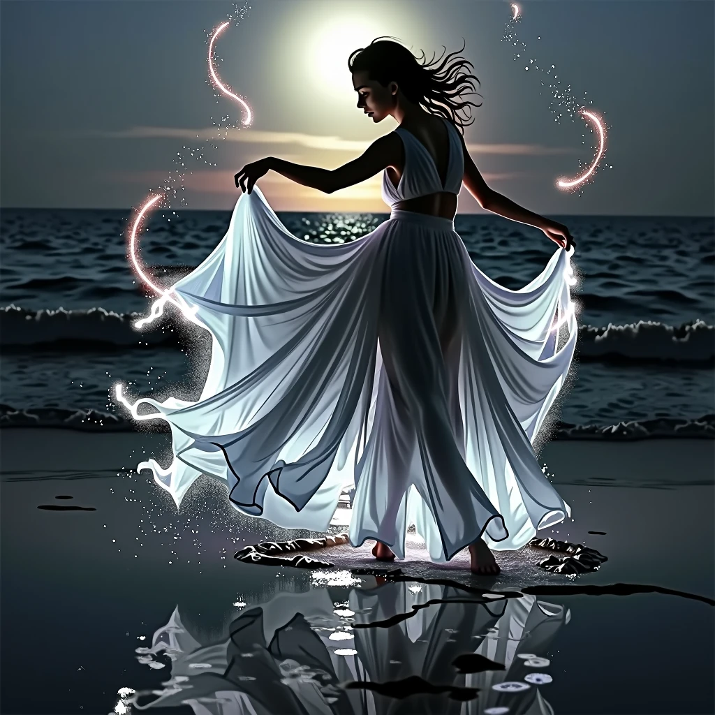 Fantasy art of a graceful woman dancing at twilight on the shore, her flowing dress illuminated by the setting sun, creating ethereal trails of light around her, the scene exuding a magical and serene atmosphere, with the ocean reflecting the colors of the sunset, cinematic composition, trending on ArtStation, no watermark