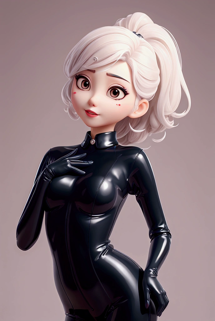 A shy <'EM_1'> with enormous black eyes, white hair in a ponytail and swarthy skin wearing a tight dress, style of Marc Davis