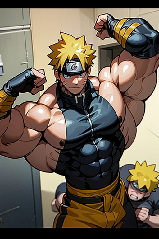 Naruto Uzumaki and his clones stand in a locker room being brainwashed by Sasuke's Sharingan to be big dumb muscle thralls with slumped shoulders and slack jaws saying, "Bigger ... dumber.... Must ... obey ... Uchihah Clan.... Yes, Master Sasuke, ... I am too stupid to lead. I am your dumb muscle thrall. I obey.... Stare. Sink. Dumb. Obey. Flex. Serve. Grow. Obey. I obey.... We obey.... Obey Master Uchihah.... All will serve. All will obey.... Assimilate. Convert. Obey...." Hyper muscles. Big biceps. Big triceps. Big traps. Broad shoulders. Big meaty pecs. Big deltoids. giant hyper swollen crotch bulge. Bro. Meathead. Musclehead. Dumber and dumber. IQ drain. Brainwash. Brainwashed. Brainwashing. Hypnosis. Hypnotized. Trance. Entranced. Brute. Brutification. Hairy chest. Hairy armpits. Treasure trail. Stubble. Muscle. Obedient thrall. stupid. vapid. Stupid stare. vapid stare. Dullard. Dimwit. Dimwitted. Entranced. Bro.