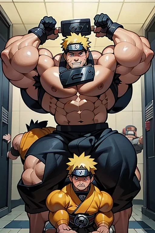 Naruto Uzumaki and his clones stand in a locker room being brainwashed by Sasuke's Sharingan to be big dumb muscle thralls with slumped shoulders and slack jaws saying, "Bigger ... dumber.... Must ... obey ... Uchihah Clan.... Yes, Master Sasuke, ... I am too stupid to lead. I am your dumb muscle thrall. I obey.... Stare. Sink. Dumb. Obey. Flex. Serve. Grow. Obey. I obey.... We obey.... Obey Master Uchihah.... All will serve. All will obey.... Assimilate. Convert. Obey...." Hyper muscles. Big biceps. Big triceps. Big traps. Broad shoulders. Big meaty pecs. Big deltoids. giant hyper swollen crotch bulge. Bro. Meathead. Musclehead. Dumber and dumber. IQ drain. Brainwash. Brainwashed. Brainwashing. Hypnosis. Hypnotized. Trance. Entranced. Brute. Brutification. Hairy chest. Hairy armpits. Treasure trail. Stubble. Muscle. Obedient thrall. stupid. vapid. Stupid stare. vapid stare. Dullard. Dimwit. Dimwitted. Entranced. Bro.