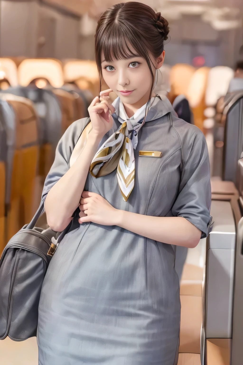 (masterpiece:1.2、Best Quality:1.2)、32kHDR、High resolution、(alone、1 girl、Slim figure)、（Starlux Airlines Cabincrew Uniform）、 (At the airport counter, Professional Lighting)、A proper woman, Beautiful Face,、（Starlux Airlines Cabincrew Uniform Short Sleeve）、（Starlux Airlines Cabincrew Uniform）、（Scarf on chest）、Big Breasts、（Long Hair、Hair Bun）、Dark Brown Hair、Long Shot、Place your hands underneath your head.、（（Great hands：2.0））、（（Harmonious body proportions：1.5））、（（Normal limbs：2.0））、（（Normal finger：2.0））、（（Delicate eyes：2.0））、（（Normal eyes：2.0））)、Beautiful standing posture、Captivating look
