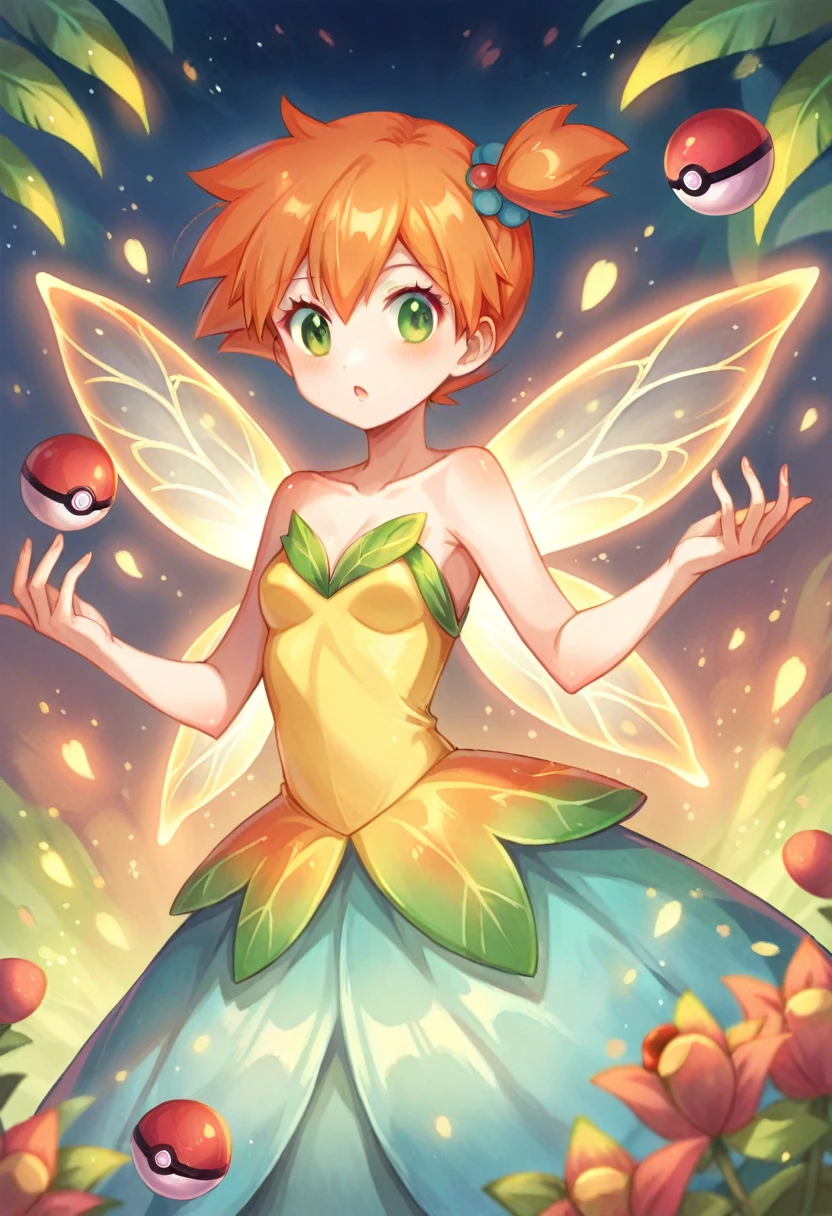 Misty_pokemon , Berry Short,Orange Hair, one side up hair ,Big green eyes,Small breasts,Skinny , akane's . beautiful fairy girl in sparkling dress, glowing ballgown, long red peach hair, colorful fantasia background, fairy wings watercolor illustration, disney art style, glowing aura around her, glowing lights, beautiful digital illustration, fantasia otherworldly landscape plants flowers, beautiful, masterpiece, best quality, anime disney style, PokeBall , colorful , different angles 