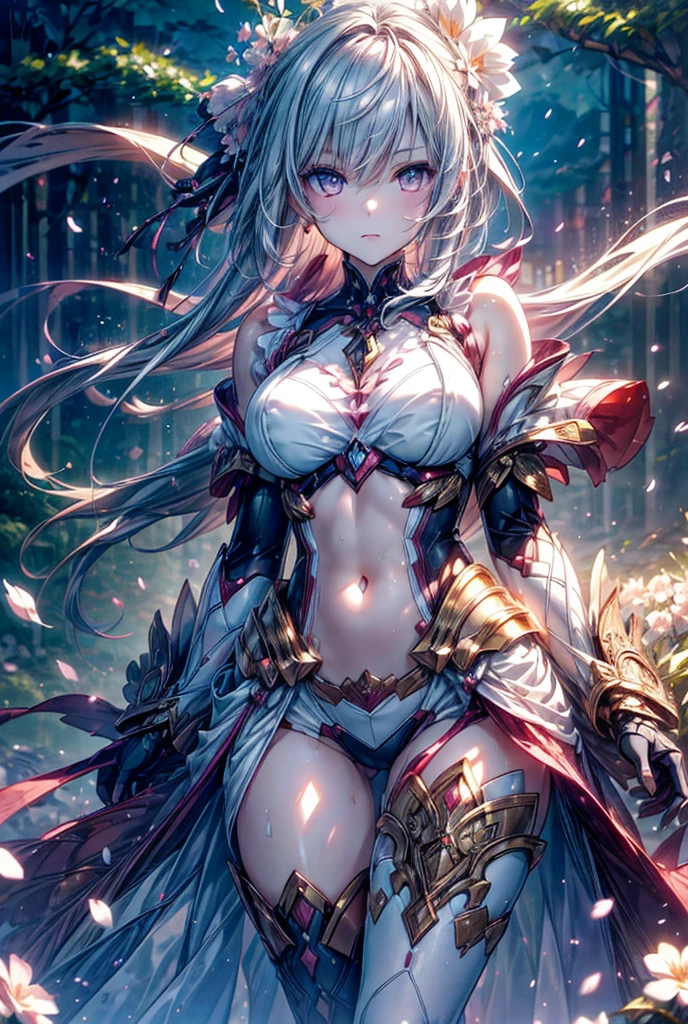 1girl, medium breasts, asymmetrical breasts, navel, (long hair, ringlets, (streaked hair:1.2), (pink hair, dark green, light brown hair):1.2), (dark gray eyes:1.2), bikini armor, pasties, v arms, Old, crumbling ruins, overgrown, enchanted, history, scattered pillars, sunbeams, hazy atmosphere <lyco:bikini-pastie-armor:1>,