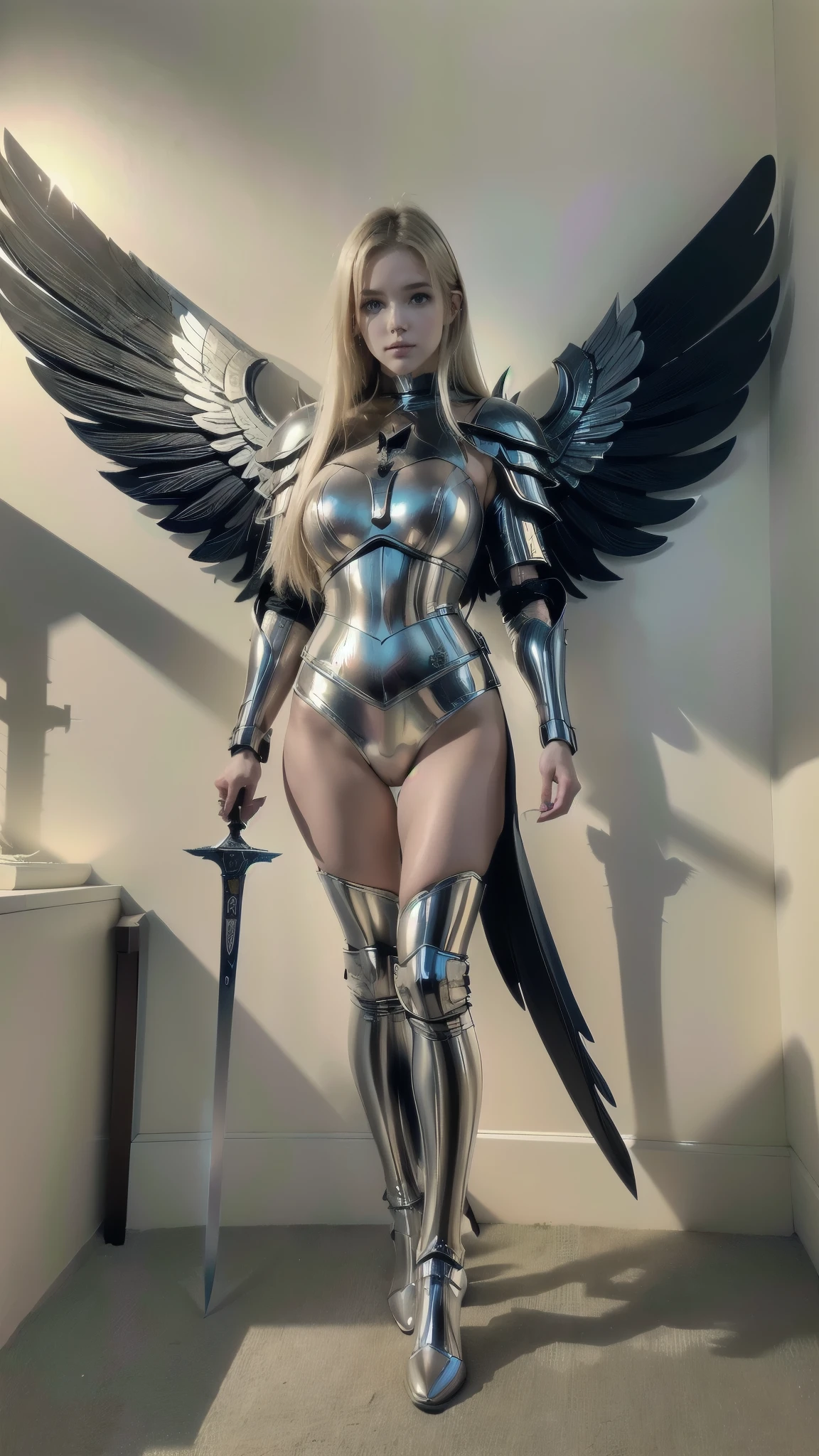 a painting of a woman in armor holding a sword and a sword, angel knight girl, angel knight gothic girl, tall female angel, as a mystical valkyrie, angel in plastic armor, of a beautiful female knight, archangel, armor angle with wing, angel with black wings, full - body majestic angel, beautiful female knight, beautiful female angel, fantasy paladin woman, Anime realista, anime Claymore, personagem Teresa, imagem de corpo inteiro.
photorealistic, Teresa Claymore. Cabelos loiros, Cabelos ondulados, expressão serena,(full body:1.8), (upper body up:0.3), (hyper realistic:1.4), (realistic:1.3), (best quality real texture skin), Detailed eyes, detailed face, PERSEPHONE