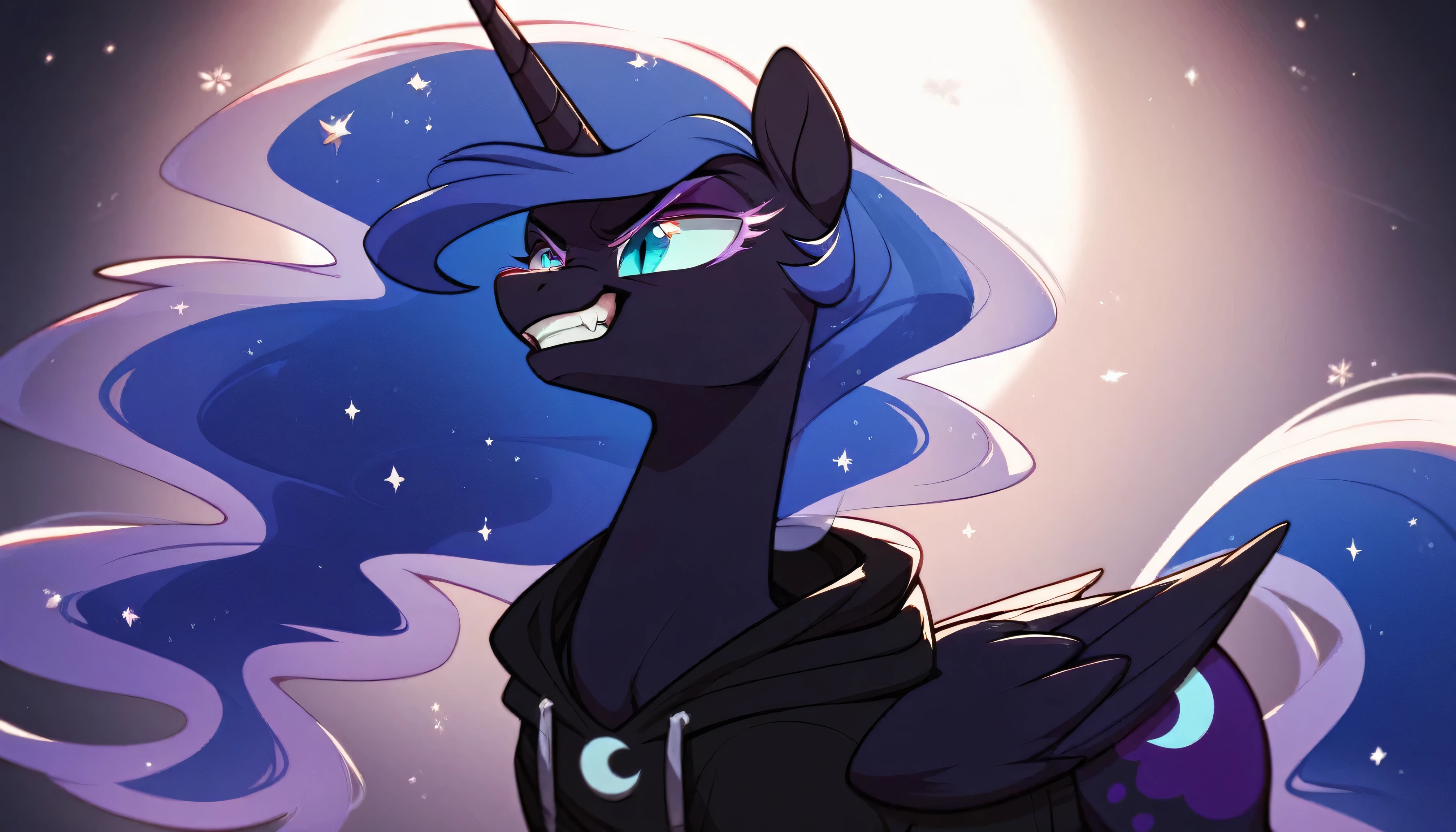 Score_9, Score_8_up, Score_7_up, Score_6_up, a serious alicorn, Nightmare moon from My Little Pony, appears in a dark hoodie and sunglasses with polarized lenses that shine in the sunlight. Her mane flows in a wavy pattern of crystalline colors, with purple and blue tones mixing with each other. She is looking at something out of frame with a disgusted smile. The setting is an urban environment with multi-story apocalyptic buildings. In its extended magical aura is a smartphone with a snowflake logo on the back. throughout the body