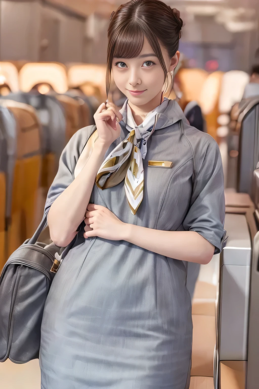 (masterpiece:1.2、Best Quality:1.2)、32kHDR、High resolution、(alone、1 girl、Slim figure)、（Starlux Airlines Cabincrew Uniform）、 (At the airport counter, Professional Lighting)、A proper woman, Beautiful Face,、（Starlux Airlines Cabincrew Uniform Short Sleeve）、（Starlux Airlines Cabincrew Uniform）、（Scarf on chest）、Big Breasts、（Long Hair、Hair Bun）、Dark Brown Hair、Long Shot、Place your hands underneath your head.、（（Great hands：2.0））、（（Harmonious body proportions：1.5））、（（Normal limbs：2.0））、（（Normal finger：2.0））、（（Delicate eyes：2.0））、（（Normal eyes：2.0））)、Beautiful standing posture、Captivating look
