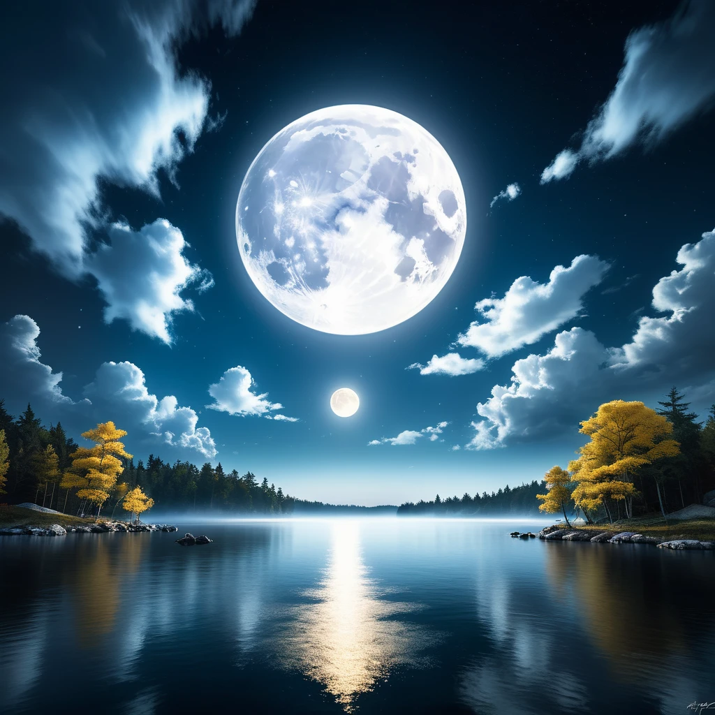 Landscape Photography，author：Mikko Lagerstedt，In the night sky of Mid-Autumn Festival，A magnificent full moon hangs high in the sky，Illuminating a Serene Landscape，Soft clouds drift by，Magnificent，Full of atmosphere，Hyperrealistic digital painting，Movie-like lighting effects，3D Rendering，The moonlight shines with golden light，8K超high resolution，Extreme details，Panoramic view，Magnificent scene。（RAW photos，Best quality），（reality，照片reality感：1.3），masterpiece，Extremely exquisite and beautiful，high resolution，Original，Perfect lighting，（Extremely detailed CG：1.2），unified，Amazing，Fine details