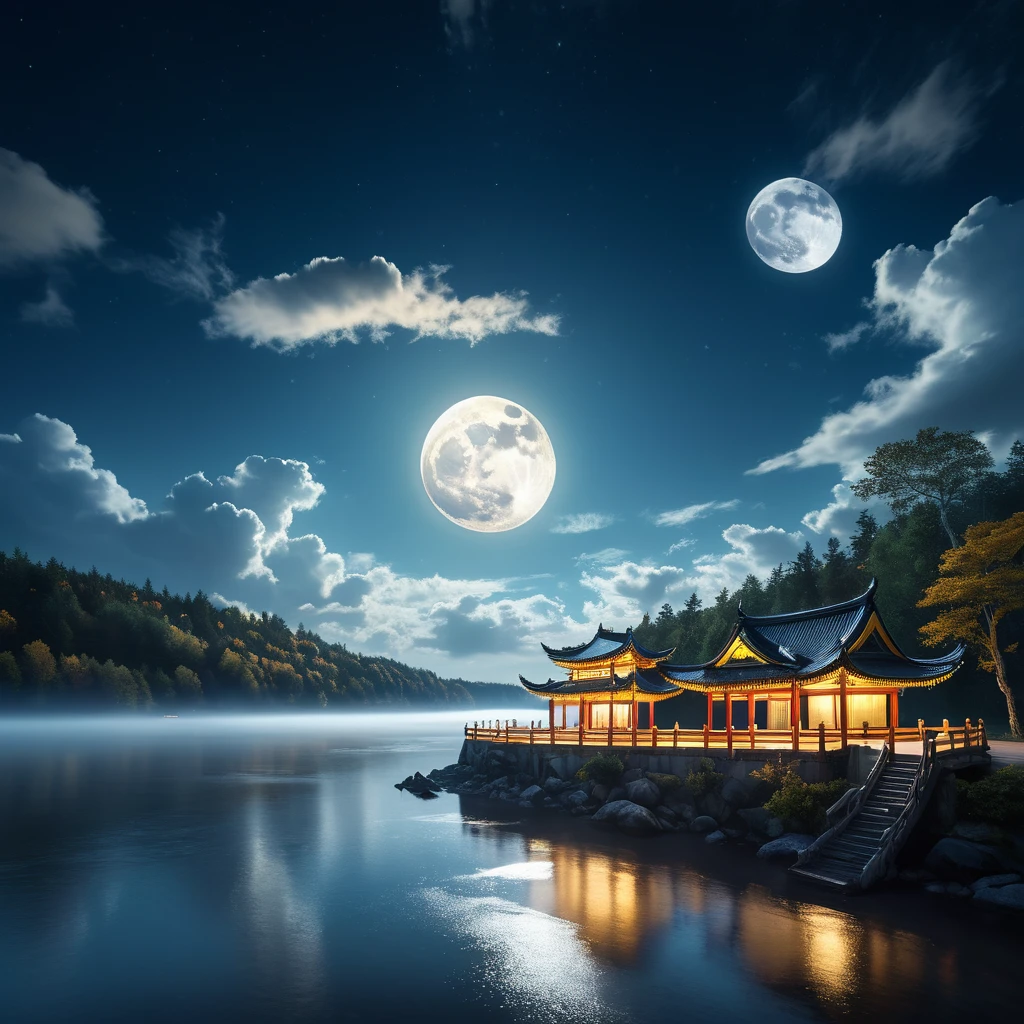 Landscape Photography，author：Mikko Lagerstedt，In the night sky of Mid-Autumn Festival，A magnificent full moon hangs high in the sky，Illuminating a Serene Landscape，Soft clouds drift by，Magnificent，Full of atmosphere，Hyperrealistic digital painting，Movie-like lighting effects，3D Rendering，The moonlight shines with golden light，8K超high resolution，Extreme details，Panoramic view，Magnificent scene。（RAW photos，Best quality），（reality，照片reality感：1.3），masterpiece，Extremely exquisite and beautiful，high resolution，Original，Perfect lighting，（Extremely detailed CG：1.2），unified，Amazing，Fine details