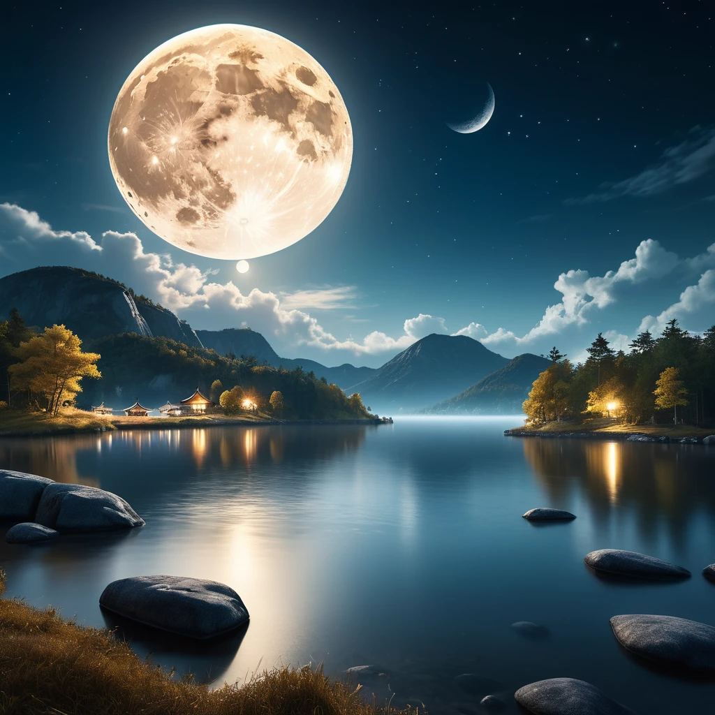 Landscape Photography，author：Mikko Lagerstedt，In the night sky of Mid-Autumn Festival，A magnificent full moon hangs high in the sky，Illuminating a Serene Landscape，Soft clouds drift by，Magnificent，Full of atmosphere，Hyperrealistic digital painting，Movie-like lighting effects，3D Rendering，The moonlight shines with golden light，8K超high resolution，Extreme details，Panoramic view，Magnificent scene。（RAW photos，Best quality），（reality，照片reality感：1.3），masterpiece，Extremely exquisite and beautiful，high resolution，Original，Perfect lighting，（Extremely detailed CG：1.2），unified，Amazing，Fine details