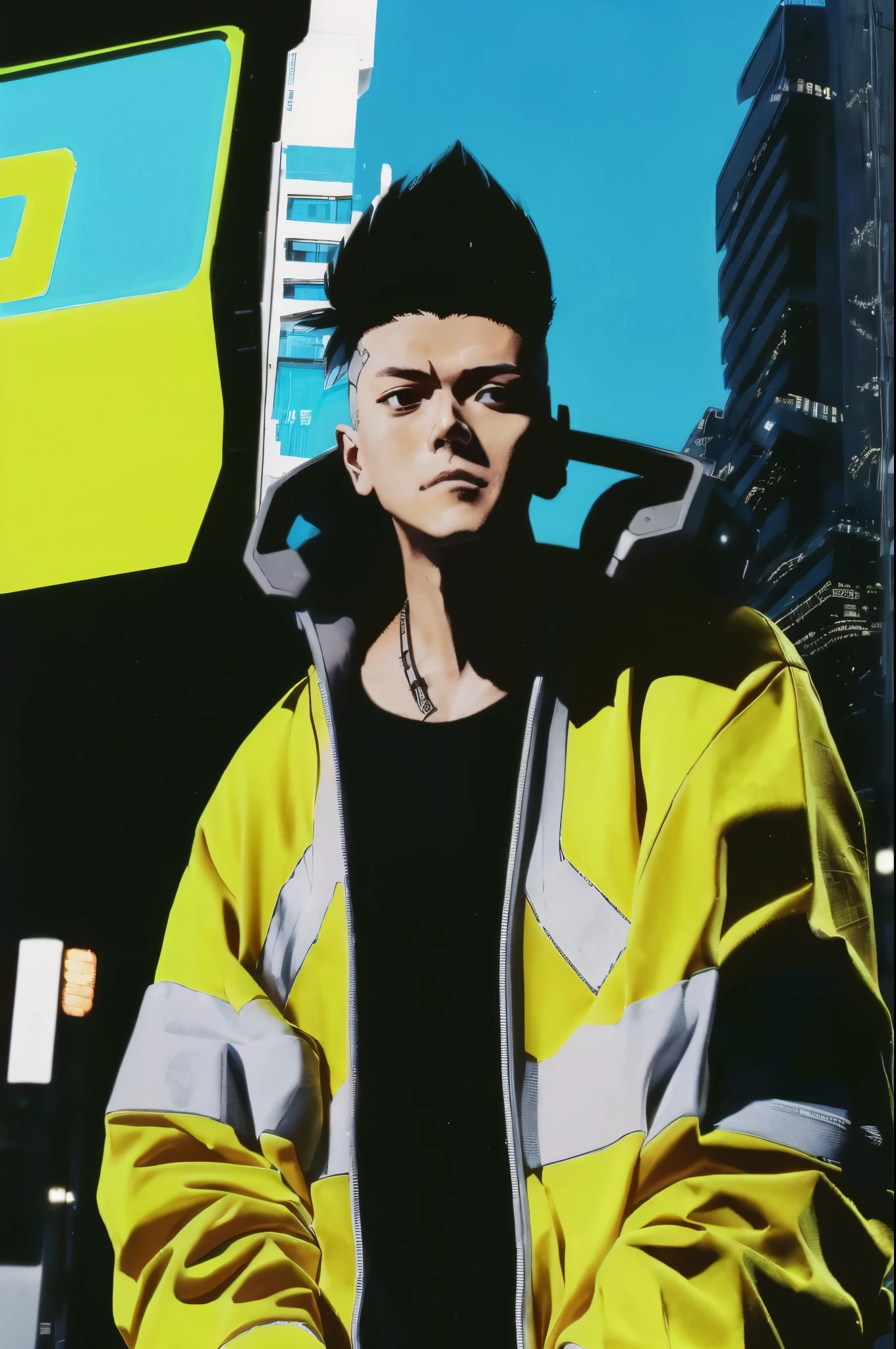 a close up of a person, DAVID MARTINEZ, in a yellow jacket standing in a city, modern cyberpunk anime, digital cyberpunk anime!!, 8 0 s anime vibe, futuristic tetsuo, anime cyberpunk, akira anime cyberpunk, cyberpunk anime art, in cyber punk 2077, today's featured anime still, key anime visuals, 8 0 s anime style, anime cyberpunk art