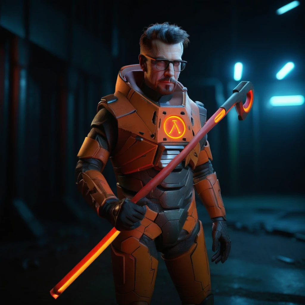 Neon noir  a man with glasses in a orange and black space suit, holds a red (((crowbar))), dystopian background . Cyberpunk, dark, rainy streets, neon signs, high contrast, low light, vibrant, highly detailed