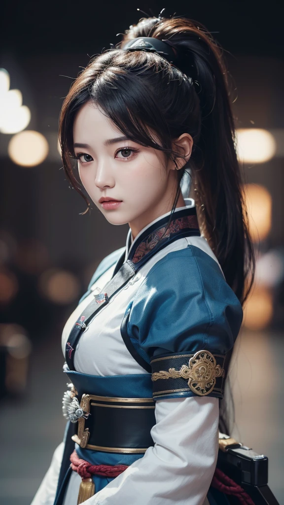 (Ultra high definition, High quality,8k, masterpiece: 1.3), Korean girl,  Warrioress, Ponytail, Joseon Dynasty Warriors&#39;clothes, 갑clothes, 찢어진 clothes, pale skin, 20 years old, (cut with a knife), (A large amount of blood: 1.6), Numerous wounds, holding a knife, Lying in the valley, lie down and bleed, Tired face, The body was half submerged in water., Blood stain, loose eyes,Wear combat uniform, holding a knife