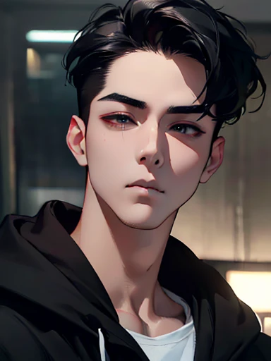 a man, close-up portrait, asian man, pale skin, dark black eyes, half-closed eyes, small eyes, elegant, black hair slicked back, black hoodie, (best quality,4k,8k,highres,masterpiece:1.2),ultra-detailed,(realistic,photorealistic,photo-realistic:1.37),cinematic lighting,dramatic chiaroscuro,moody