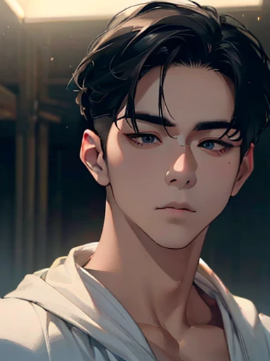 a man, close-up portrait, asian man, pale skin, dark black eyes, half-closed eyes, small eyes, elegant, black hair slicked back, black hoodie, (best quality,4k,8k,highres,masterpiece:1.2),ultra-detailed,(realistic,photorealistic,photo-realistic:1.37),cinematic lighting,dramatic chiaroscuro,moody