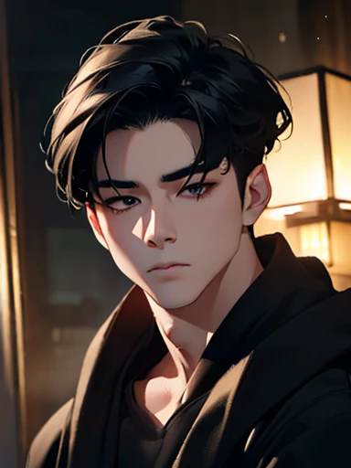 a man, close-up portrait, asian man, pale skin, dark black eyes, half-closed eyes, small eyes, elegant, black hair slicked back, black hoodie, (best quality,4k,8k,highres,masterpiece:1.2),ultra-detailed,(realistic,photorealistic,photo-realistic:1.37),cinematic lighting,dramatic chiaroscuro,moody