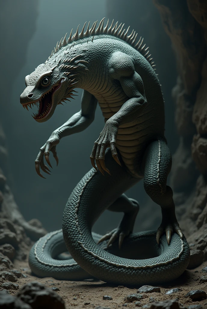 Snake with arms, remarkable old age, layer, macabre smile, and cane in left hand 