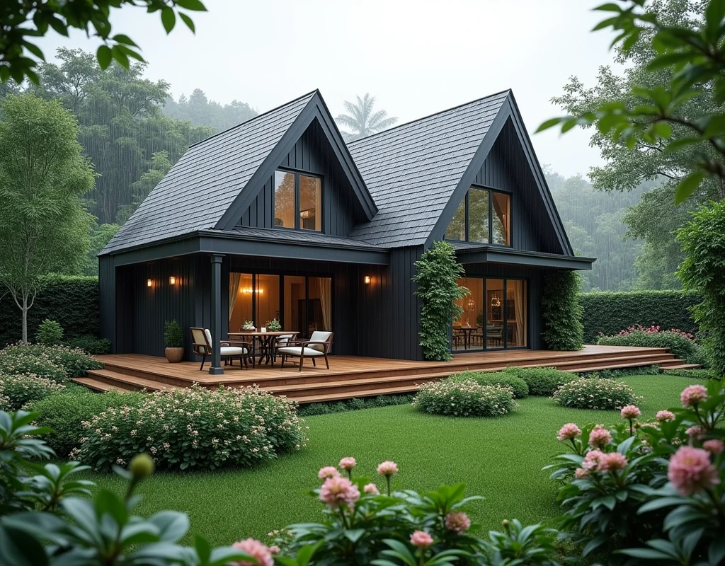 There is a small garden with flowers and plants in front of a house ...