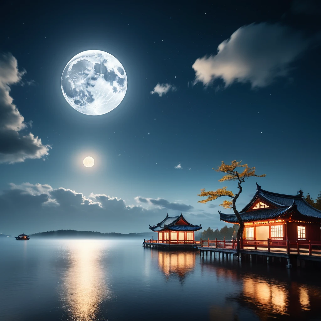 Landscape Photography，author：Mikko Lagerstedt，In the night sky of Mid-Autumn Festival，A magnificent full moon hangs high in the sky，There is only one moon，Illuminating a Serene Landscape，Soft clouds drift by，Magnificent，Full of atmosphere，Hyperrealistic digital painting，Movie-like lighting effects，3D Rendering，The moonlight shines with golden light，8K超high resolution，Extreme details，Panoramic view，Magnificent scene。（RAW photos，Best quality），（reality，照片reality感：1.3），masterpiece，Extremely exquisite and beautiful，high resolution，Original，Perfect lighting，（Extremely detailed CG：1.2），unified，Amazing，Fine details