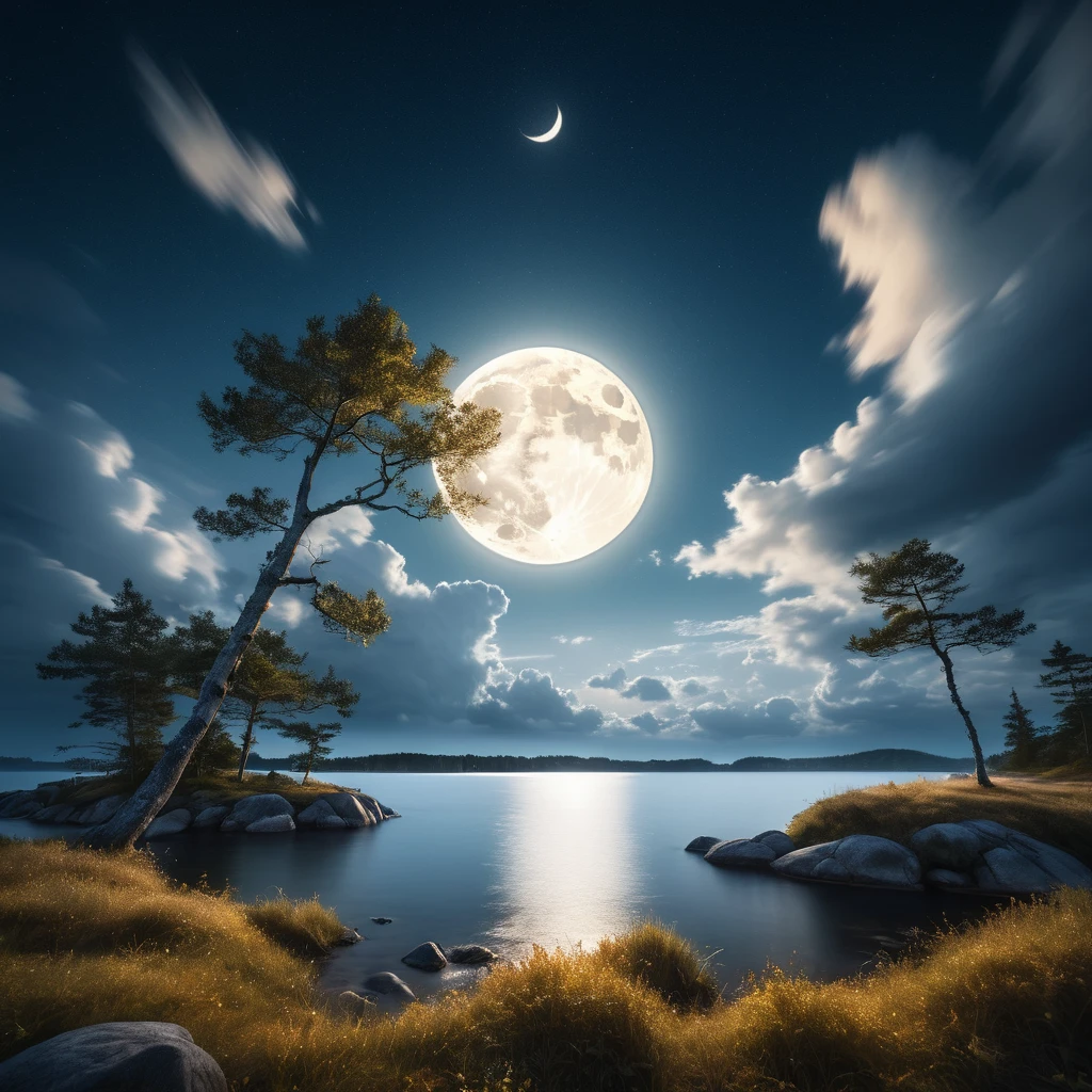 Landscape Photography，author：Mikko Lagerstedt，In the night sky of Mid-Autumn Festival，A magnificent full moon hangs high in the sky，There is only one moon，Illuminating a Serene Landscape，Soft clouds drift by，Magnificent，Full of atmosphere，Hyperrealistic digital painting，Movie-like lighting effects，3D Rendering，The moonlight shines with golden light，8K超high resolution，Extreme details，Panoramic view，Magnificent scene。（RAW photos，Best quality），（reality，照片reality感：1.3），masterpiece，Extremely exquisite and beautiful，high resolution，Original，Perfect lighting，（Extremely detailed CG：1.2），unified，Amazing，Fine details