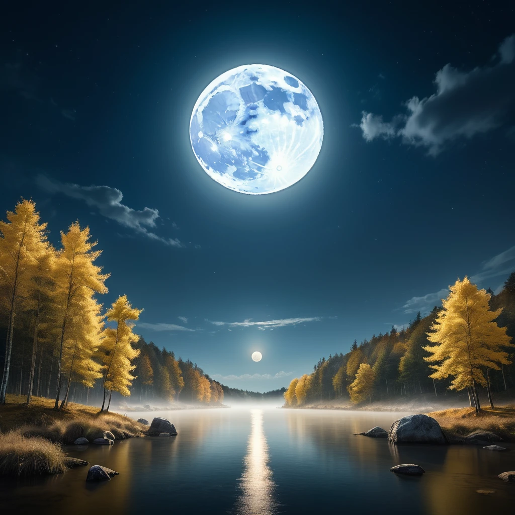 Landscape Photography，author：Mikko Lagerstedt，In the night sky of Mid-Autumn Festival，A magnificent full moon hangs high in the sky，There is only one moon，Illuminating a Serene Landscape，Soft clouds drift by，Magnificent，Full of atmosphere，Hyperrealistic digital painting，Movie-like lighting effects，3D Rendering，The moonlight shines with golden light，8K超high resolution，Extreme details，Panoramic view，Magnificent scene。（RAW photos，Best quality），（reality，照片reality感：1.3），masterpiece，Extremely exquisite and beautiful，high resolution，Original，Perfect lighting，（Extremely detailed CG：1.2），unified，Amazing，Fine details