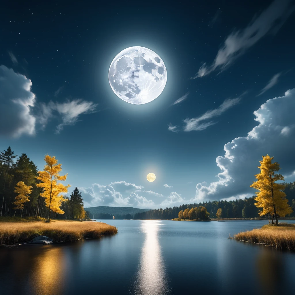 Landscape Photography，author：Mikko Lagerstedt，In the night sky of Mid-Autumn Festival，A magnificent full moon hangs high in the sky，There is only one moon，Illuminating a Serene Landscape，Soft clouds drift by，Magnificent，Full of atmosphere，Hyperrealistic digital painting，Movie-like lighting effects，3D Rendering，The moonlight shines with golden light，8K超high resolution，Extreme details，Panoramic view，Magnificent scene。（RAW photos，Best quality），（reality，照片reality感：1.3），masterpiece，Extremely exquisite and beautiful，high resolution，Original，Perfect lighting，（Extremely detailed CG：1.2），unified，Amazing，Fine details