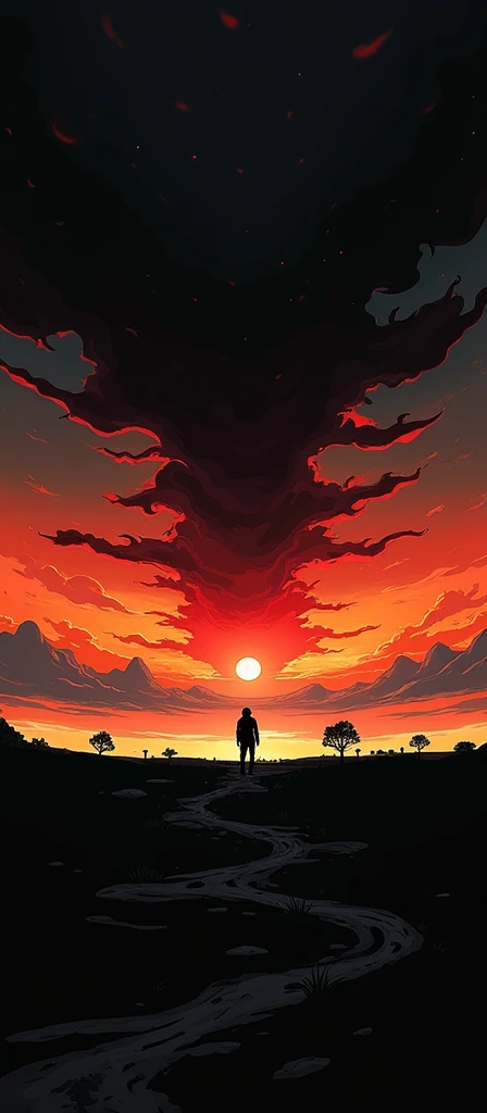 The night shot down an orange beam, and a man in a black coat looked at the sky