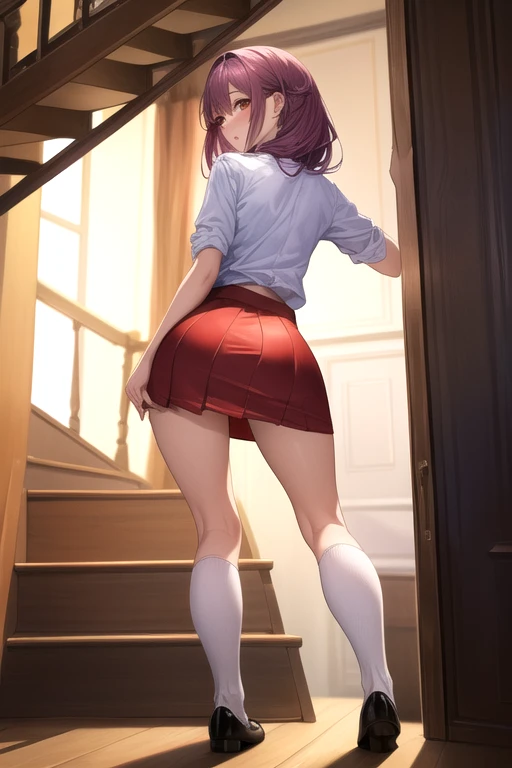 (masterpiece), (best quality), (ultra-detailed), ((full body shot)), seductive pose, (((view from behind))), (office lady), ((standing)), (in front of screen), (pink hair), (short angled bob), glasses, (sheer blouse), (((see-through black blouse))), (((transparent black blouse))), (((small breasts))), (nipples), ((no bra)), ((braless)), (bra less), ((closed blouse)), (((pink pencil skirt))), (((pink microskirt))), (lifted skirt), (((no panties))), ((spread legs)), ((pussy)), (((black high heels))), sensual pose, detailed scenery, dynamic angle, mischievous smile