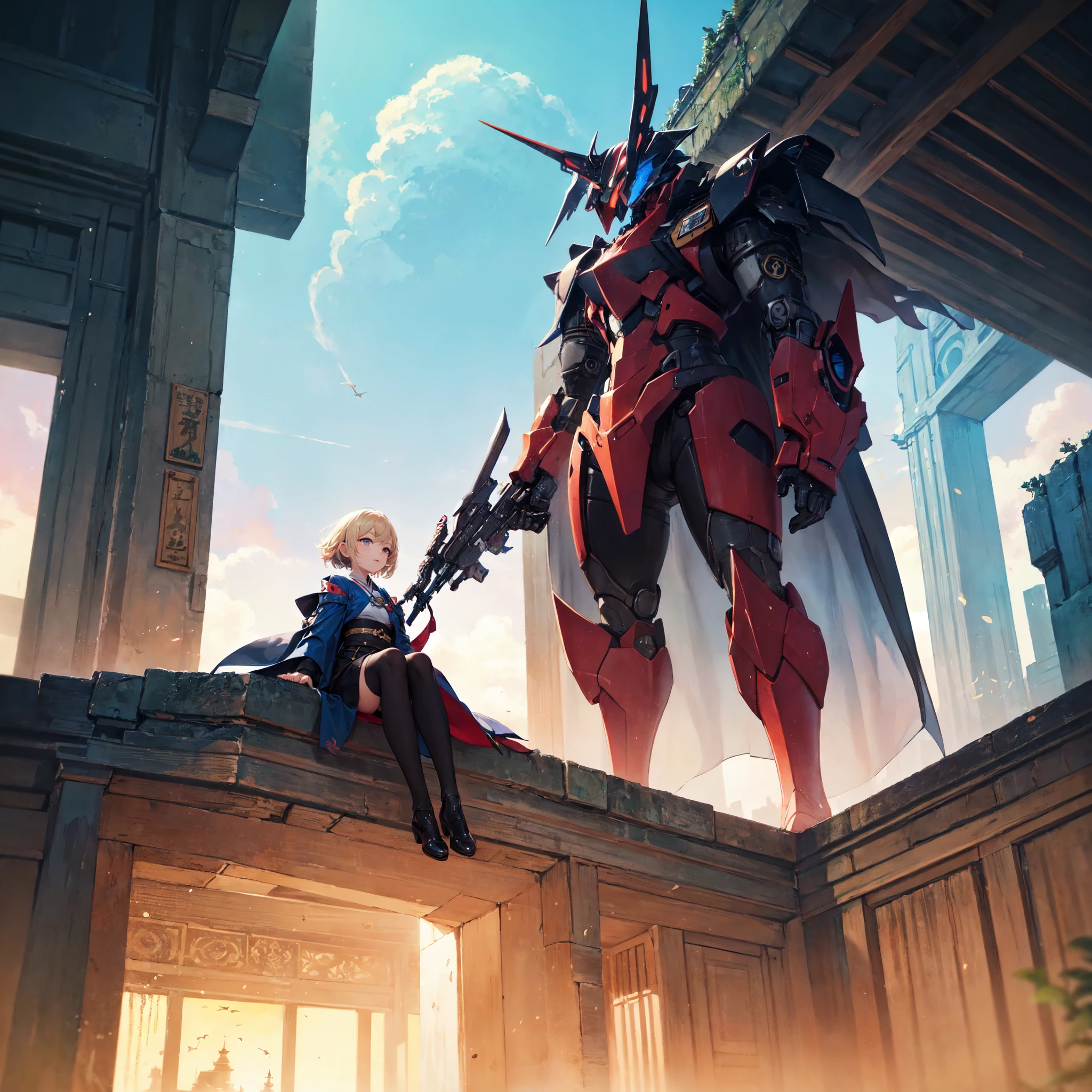 Full body image of fantasy creature in distant view，anime characters，pastel painting illustration，Colorful，Delicate brushwork，Hand-drawn illustration，Japanese art，cyberpunk，The Earth Troll in the Western Magic World，Mecha costume design，A beauty with seductive appearance，Good figure，blonde hair，Sitting and floating in the sky，The background is the darkest light，Exquisite decorative border，Castle in the Sky，poignancy，Aesthetics，Mystery，Add a little watercolor