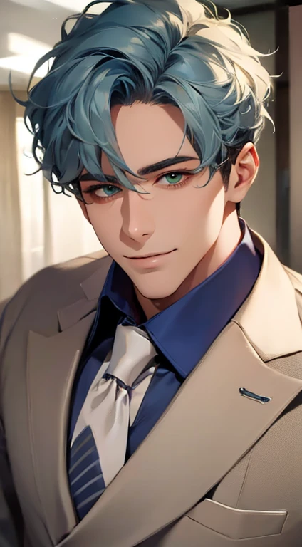 (Highest quality,4K,8K,High resolution,masterpiece:1.2),Super detailed,(Realistic,photoRealistic,photo-Realistic:1.37),1 personld,Mature Men,Beautiful skin、very handsome,Expressionless smile in love,Short gray blue hair,green eyes,Sharp Eyes,A perfect face without a doubt,Businessman,Office Background,Cinema Lighting,HDR image,tie、