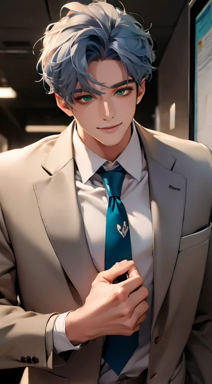 (Highest quality,4K,8K,High resolution,masterpiece:1.2),Super detailed,(Realistic,photoRealistic,photo-Realistic:1.37),1 personld,Mature Men,Beautiful skin、very handsome,Expressionless smile in love,Short gray blue hair,green eyes,Sharp Eyes,A perfect face without a doubt,Businessman,Office Background,Cinema Lighting,HDR image,tie、