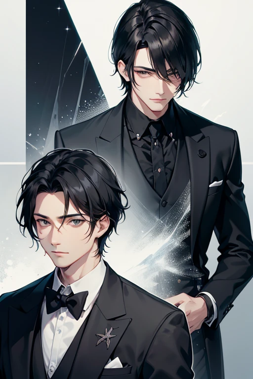 Tall, stylish, black-haired adult male、On the right side, depict the night and the cold side of men.、On the right side, draw a man with a gentle face in daylight.、Both in black suits、Emphasise the duality