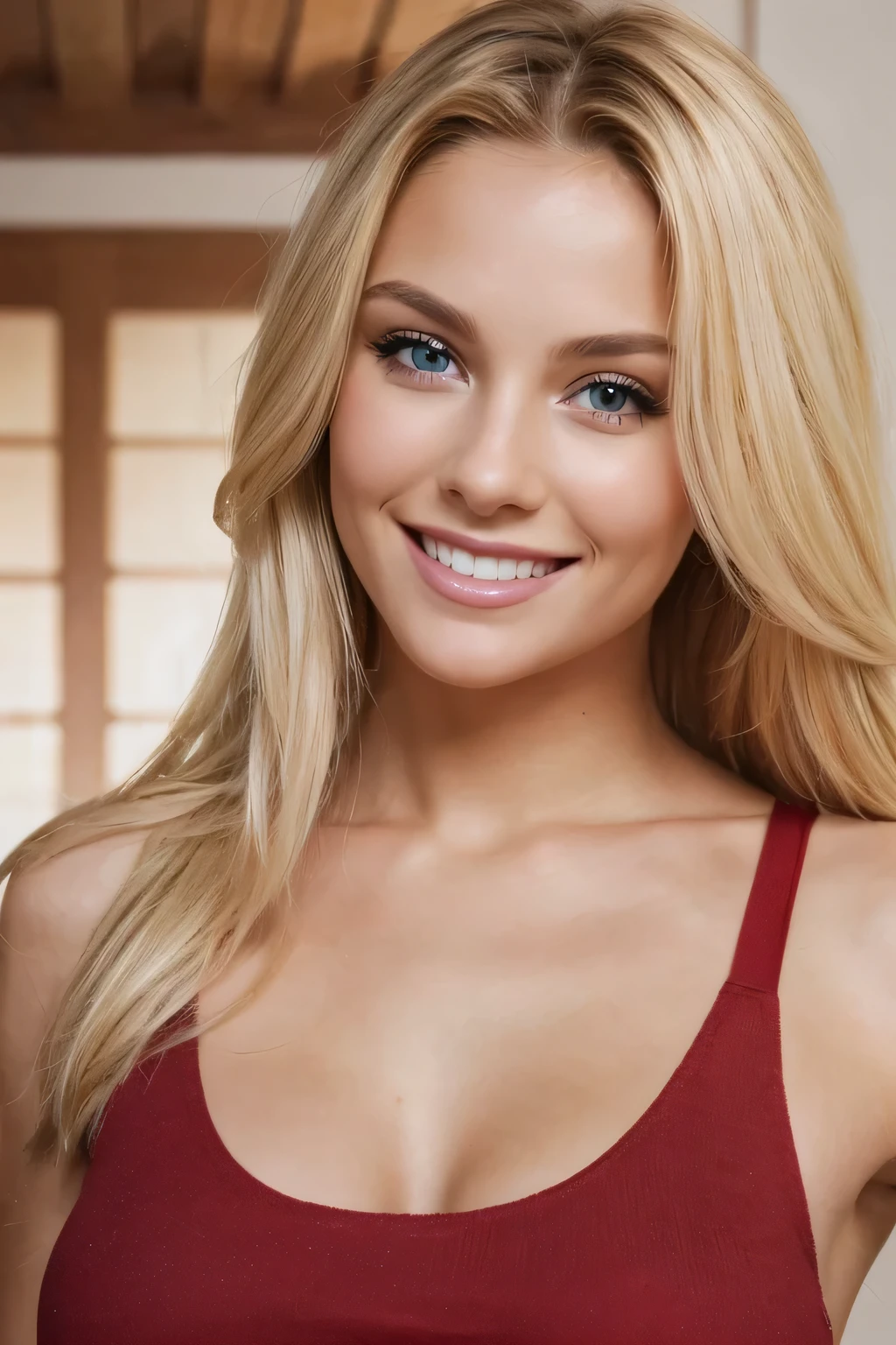 a closeup dark upper body shot photo of a blonde with perfect eyes, smile, wearing red top full photo standing