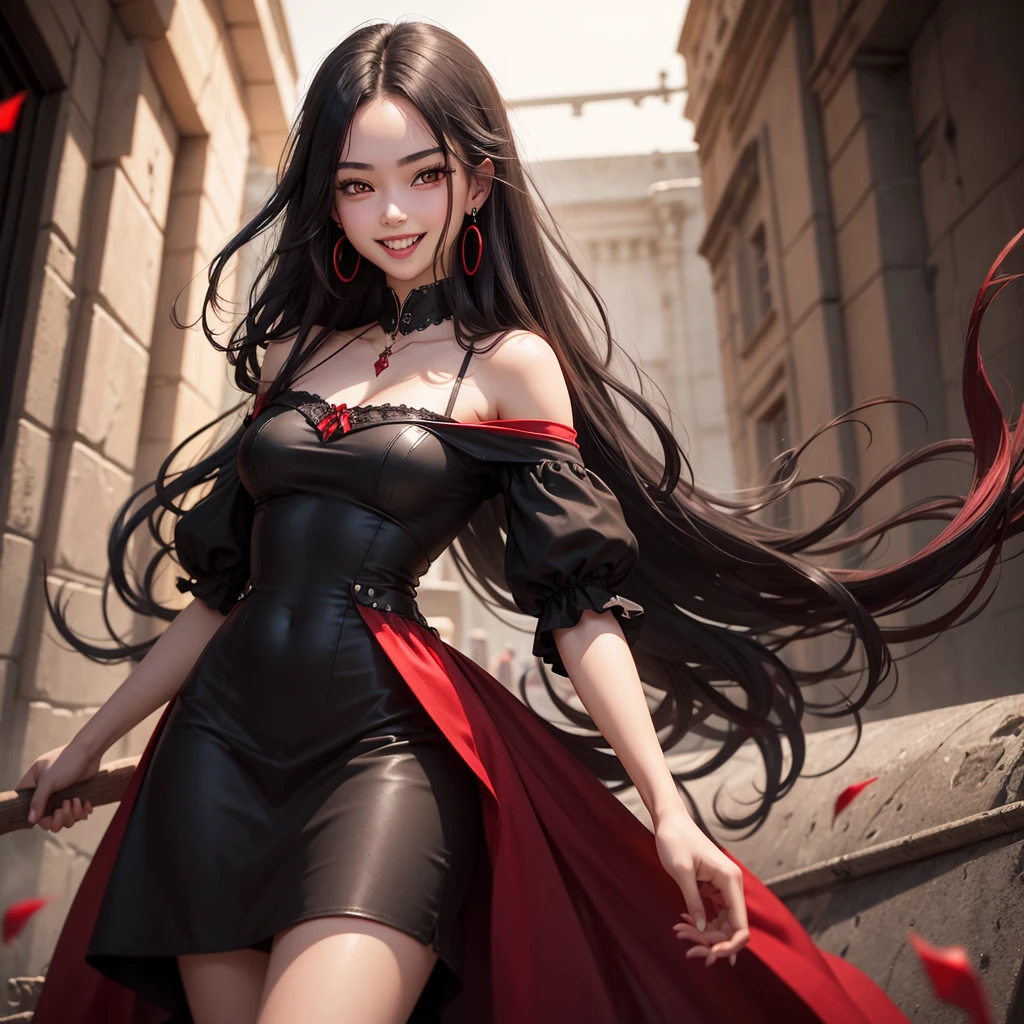 A 13-year-old girl with long black hair and almond eyes (wearing a red fashion dress) running --auto --s2