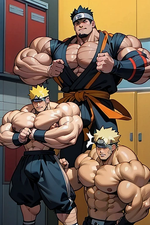 Naruto Uzumaki and his clones stand in a locker room being brainwashed by Sasuke's Sharingan to be big dumb muscle thralls with slumped shoulders and slack jaws saying, "Bigger ... dumber.... Must ... obey ... Uchihah Clan.... Yes, Master Sasuke, ... I am too stupid to lead. I am your dumb muscle thrall. I obey.... Stare. Sink. Dumb. Obey. Flex. Serve. Grow. Obey. I obey.... We obey.... Obey Master Uchihah.... All will serve. All will obey.... Assimilate. Convert. Obey...." Hyper muscles. Big biceps. Big triceps. Big traps. Broad shoulders. Big meaty pecs. Big deltoids. giant hyper swollen crotch bulge. Bro. Meathead. Musclehead. Dumber and dumber. IQ drain. Brainwash. Brainwashed. Brainwashing. Hypnosis. Hypnotized. Trance. Entranced. Brute. Brutification. Hairy chest. Hairy armpits. Treasure trail. Stubble. Muscle. Obedient thrall. stupid. vapid. Stupid stare. vapid stare. Dullard. Dimwit. Dimwitted. Entranced. Bro. Hung. Well endowed.