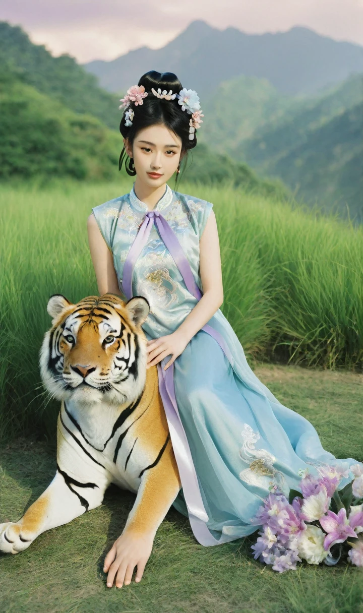 best quality,masterpiece,dynamic angle,highest detailed,Maid of Honor,1 girl in blue Chinese dress,sitting on tiger,hair ornament on head,bare feet,black hair bun,long light purple ribbon,auspicious clouds,flowers,green grass,green rockery,