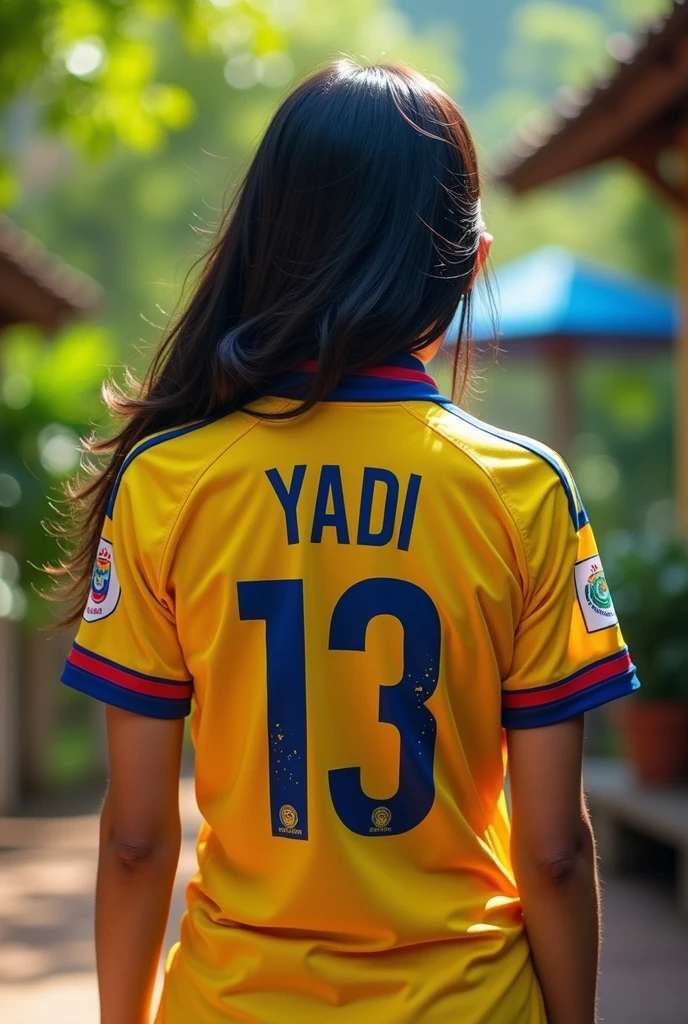 Woman from behind wearing the yellow Colombia t-shirt with dark brown hair name YINA in the stadium with the song ole ole many friends