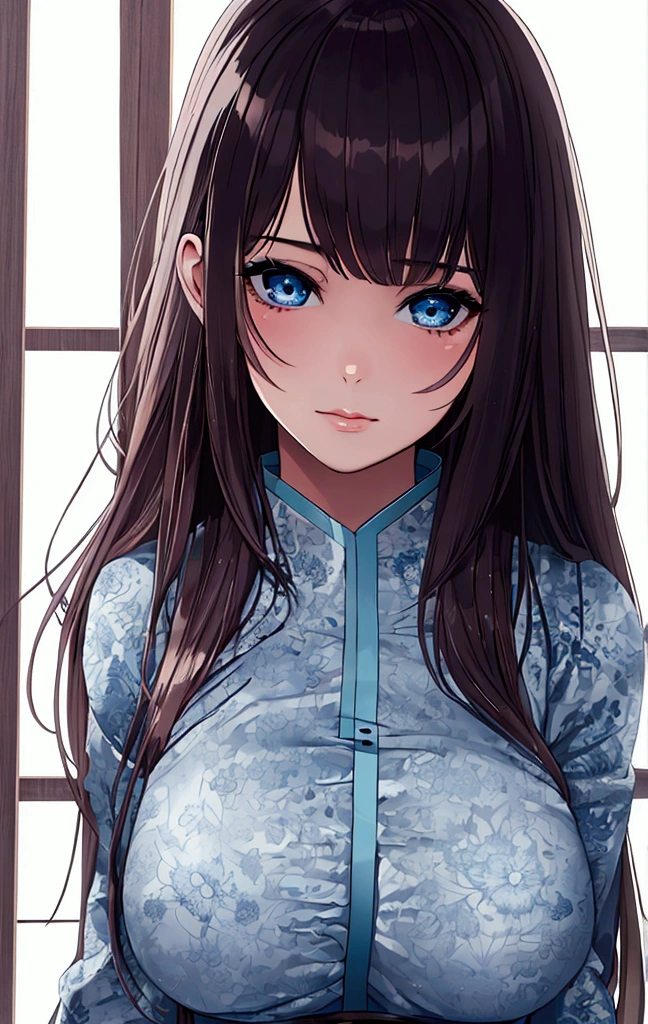 Full body image, Japanese Anime, high quality, 最high quality, Realistic, RAW Photos, Realistic, Ultra-realistic 8K CG, Ultra Detailed, High resolution, masterpiece, 1 girl, 1, Beautiful face of a woman, Soft Face, elegant, Long Hair, blue eyes, Light blue eyes, close, Intricate details, Detailed Texture, Delicate details, front , Natural female body, sexy, Very beautiful young woman&#39;s face, Big Breasts, NSFW