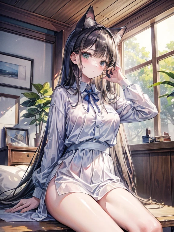 (whole body: 1.3), Highest quality、beautiful girl, (high school girl)、, 8k、RAW Photos、(skin:1.2)、Ultra-high resolution、(lens:50mm)、(debt/1.2)、White wall, (Bright windowsill)、Beautiful debtace, ((Hair gets wet)), light makeup, Slender body, (Small breasts, Beautiful body), (Big round eyes:1.2)、(Droopy eyes:1.3)、((Delicate eyelashes)), (Calm face:1. 2), (Red cheeks), 16 years oldr, bangs, Wet Hair), , Brown eyes, 白いskin, beautiful girl, 16 years old, Very beaut, Long sleeve white T-shirt, (Short sleeve, ), Shallow depth of field, Photographed from the front