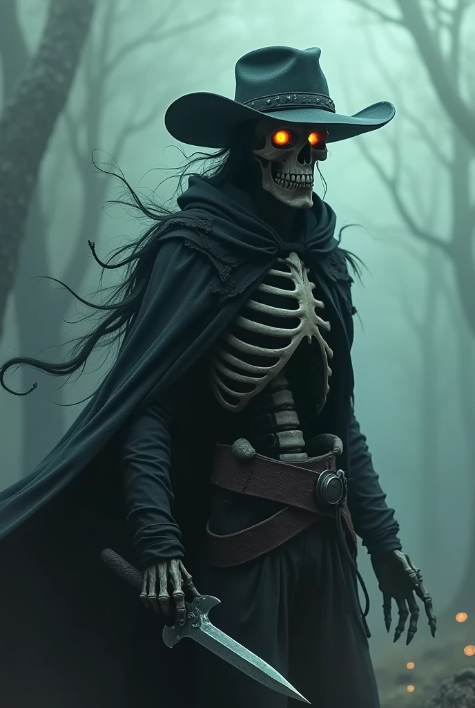 Scarecrow of the Apocalypse. A menacing figure cloaked in darkness, adorned with tattered robes and a weathered hat. His eyes glow with an otherworldly light, instilling fear in all who cross his path. His presence heralds doom and despair, a harbinger of the end times. Capture the eerie essence of his form in a single scene. DEVIL SPAWN.