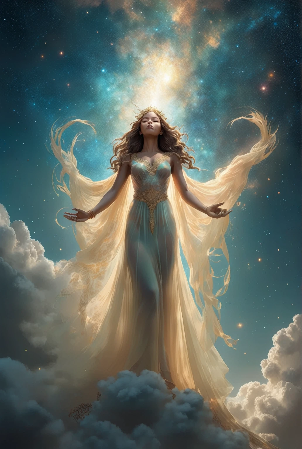 A woman in a long dress standing on a hill covered in clouds, celestial goddess, goddess of light, a stunning portrait of a goddess, Beautiful fantasy art, A surprisingly young and mysterious person, very Beautiful fantasy art, Beautiful fantasy art portrait, Breathtaking fantasy art, beautiful goddess, By Alexander Kucharski, goddess. Extremely detailed, earth goddess mythology, cloud goddess