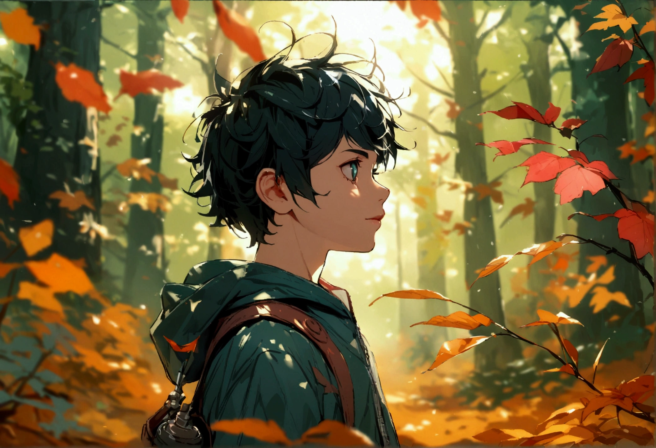 Boruto,boy,solo,age 12,in forest and leaves,boruto uzumaki