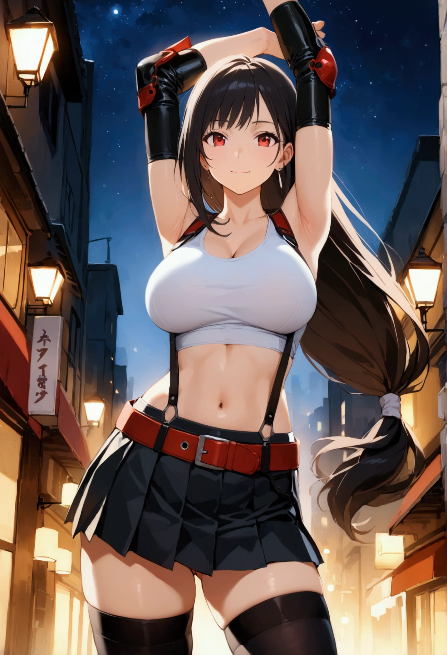 score_9,score_8_up,score_7_up,source_anime, masterpiece, best quality:1.2, (recent), perfect anatomy, very aesthetic,photorealistic,(beautiful),from side.straight-on,soro focus,cowboy shot,arms up:1.2,stretching,Solo,1girl, tifa lockhart, final fantasy,black hair, low-tied long hair, red eyes, bangs, white tank top,gap,(High exposure),belt, pleated skirt, thighhighs, elbow fingerless gloves, elbow pads, midriff, navel,suspenders.skirt,slender waist,(large_breasts),light smile,citystreet,night sky,night, depth of field、beautifully lit,great lighting,